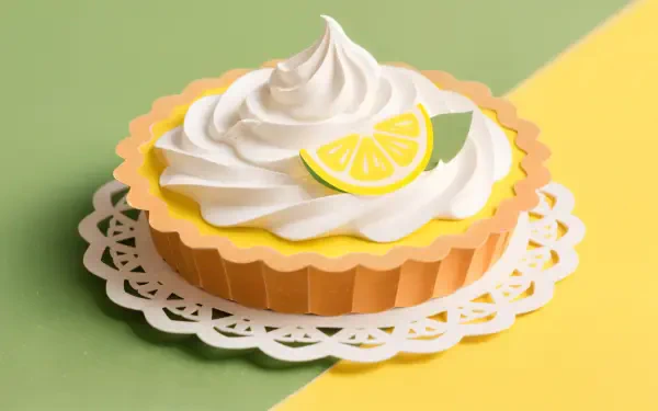 A vibrant 4K Ultra HD wallpaper featuring a lemon meringue pie with fluffy whipped topping and a lemon slice on a two-tone green and yellow background.