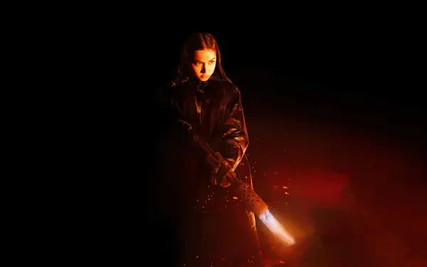 Ballerina (2025) depicted in dramatic lighting with deep shadows and vibrant red hues, captured in stunning 8K Ultra HD for a PC desktop wallpaper.