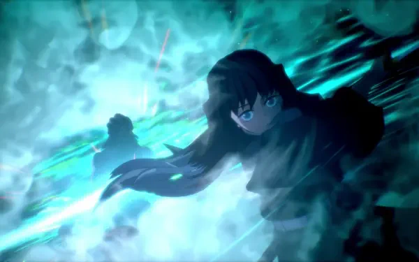 HD PC desktop wallpaper showcasing intense action from the video game Demon Slayer -Kimetsu no Yaiba- The Hinokami Chronicles with dynamic blue and black tones.