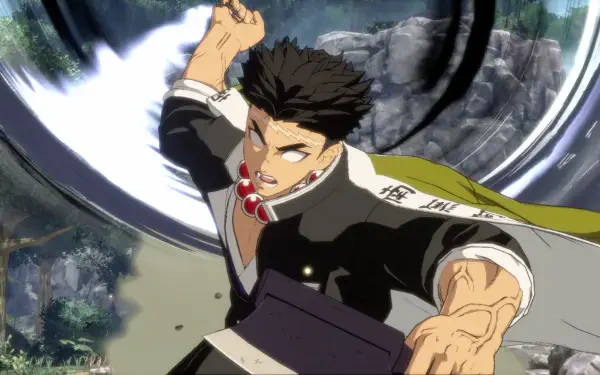 HD PC wallpaper featuring Gyomei Himejima from the video game Demon Slayer -Kimetsu no Yaiba- The Hinokami Chronicles, showcasing dynamic action in a forest setting.