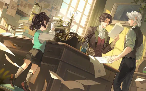 HD PC desktop wallpaper featuring characters from the video game Identity V in a detailed, sunlit room filled with papers and vintage equipment.