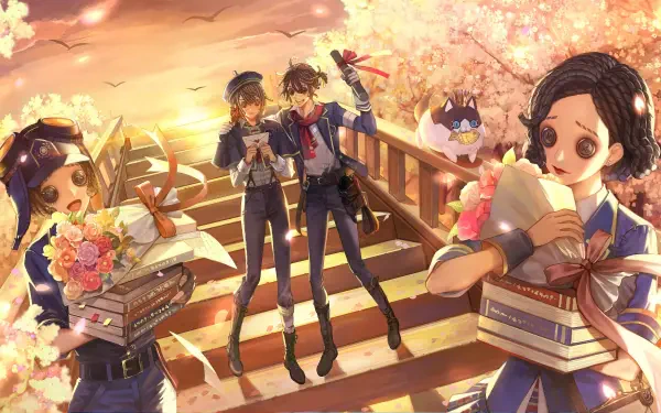 4K Ultra HD Identity V video game wallpaper featuring four characters in school uniforms amidst cherry blossoms at sunset on a wooden bridge.