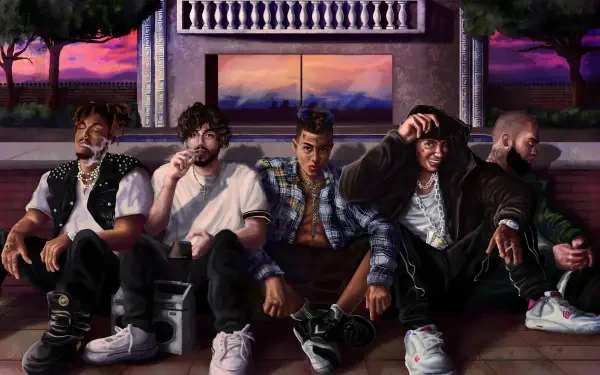 8K Ultra HD PC wallpaper featuring digital art of XXXTentacion, Juice Wrld, DJ Scheme, Danny Towers, and Ski Mask the Slump God sitting together against a sunset backdrop.