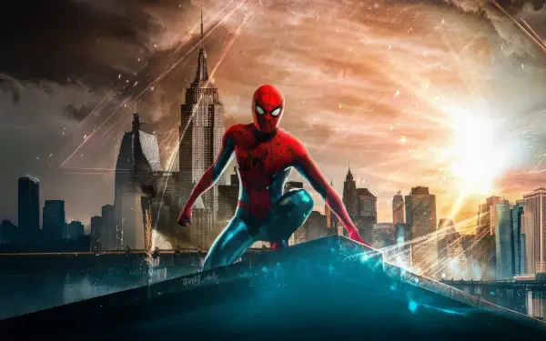 Spider-Man from Brand New Day poised on a rooftop against a detailed city skyline at sunset in this 4K Ultra HD movie-themed PC desktop wallpaper.