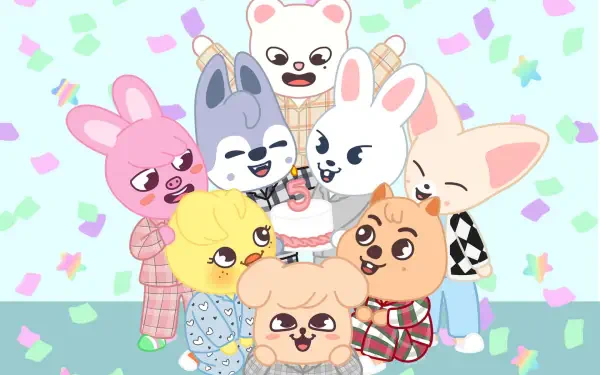 HD PC desktop wallpaper of SKZOO characters, featuring seven colorful, cute animal friends celebrating with confetti against a pastel background.