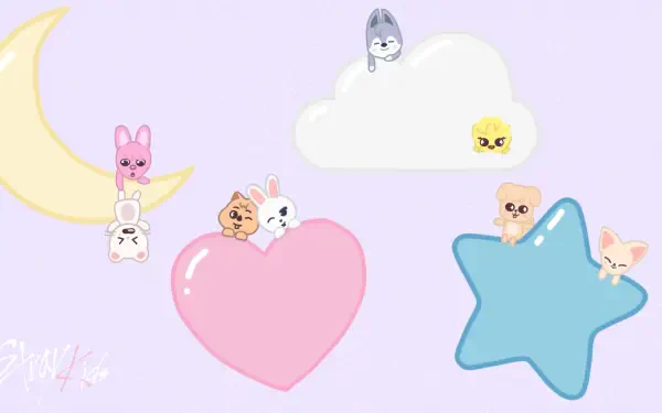 HD PC desktop wallpaper featuring cute SKZOO characters from Stray Kids resting on pastel moon, cloud, heart, and star shapes against a soft lavender background.