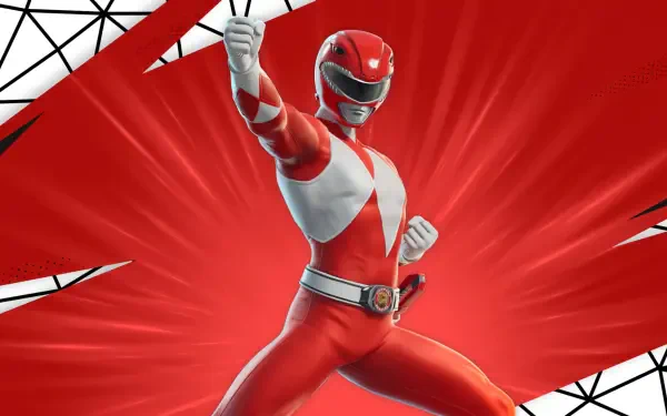 HD PC desktop wallpaper featuring the Red Power Ranger from Fortnite, set against a dynamic red and black background with geometric patterns.
