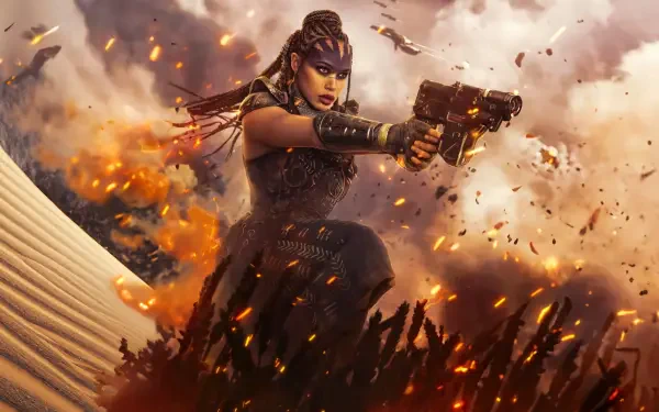 Action-packed 4K Ultra HD PC wallpaper from Rebel Moon - Part Two: The Scargiver, featuring a fierce warrior firing a weapon amid explosive chaos.