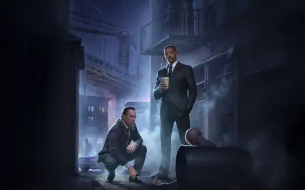 4K Ultra HD Men In Black PC desktop wallpaper featuring two agents in suits standing in a dark, foggy urban alley with a mysterious glowing device.