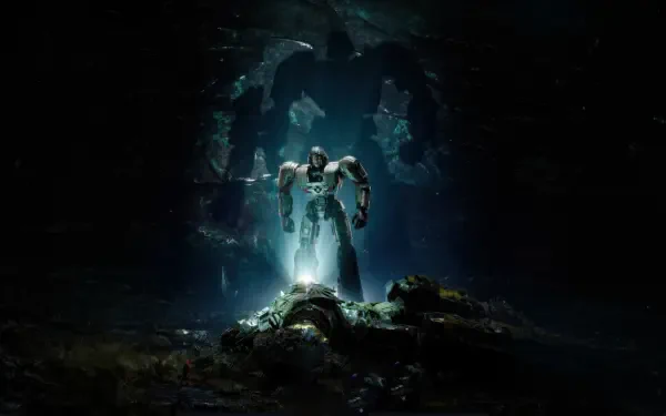 4K Ultra HD Transformers One wallpaper showing a glowing robot standing over a fallen figure in a dark, cave-like environment with a cracked wall behind.