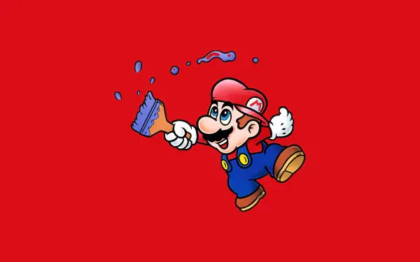 Super Mario in Mario Paint style splashing blue paint from a brush on a bright red background — 4K Ultra HD PC desktop wallpaper and background
