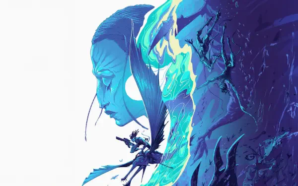 Avatar: The Way of Water 4K Ultra HD PC desktop wallpaper and background — stylized blue Na'vi profile merging into swirling aquatic patterns with a small rider against a white backdrop.