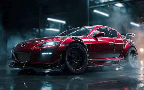 HD PC desktop wallpaper poster of a red tuned Mazda RX-8 with widebody kit, aggressive aero wing and LED lights reflecting on a wet garage floor background.