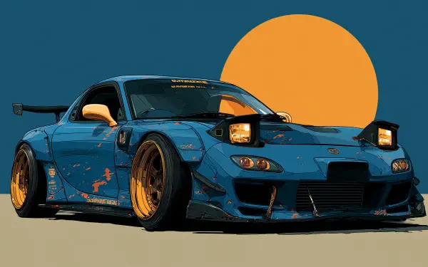 HD PC desktop wallpaper poster of a tuned blue Mazda RX-7 widebody with gold wheels and rear wing, pop-art orange sun against a deep teal backdrop.