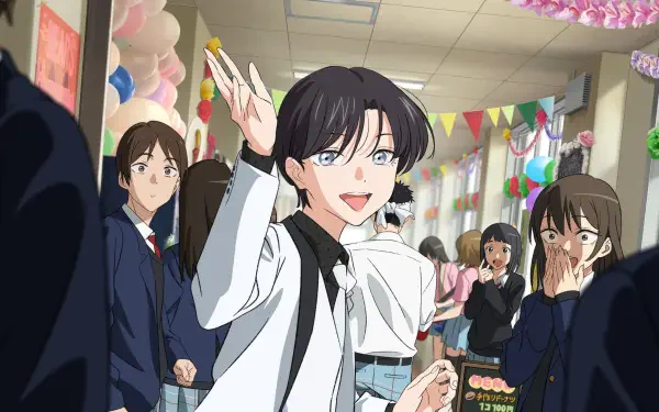 HD PC desktop wallpaper of Marin Kitagawa (My Dress-Up Darling): cheerful Marin waving in a colorful school festival hallway, classmates and festive decorations behind her.