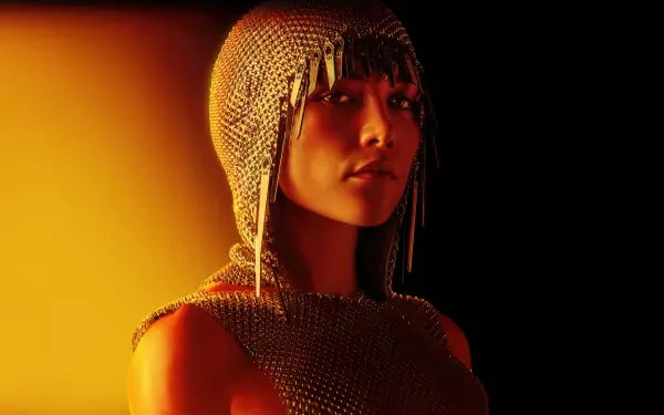 Dune: Part Two — 4K Ultra HD PC desktop wallpaper and background: moody portrait of a figure in a metallic chainmail headpiece, bathed in warm orange light.