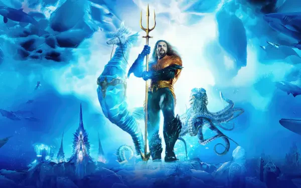 Aquaman and The Lost Kingdom 4K Ultra HD PC desktop wallpaper: Aquaman stands with trident in a glowing blue underwater kingdom, surrounded by sea creatures and submerged ruins.