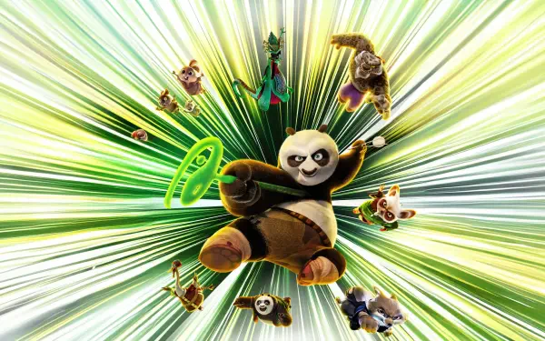 Kung Fu Panda 4 4K Ultra HD PC desktop wallpaper: Po and the Furious Five burst forward through green radiant streaks, striking dynamic kung fu poses around a glowing energy ring.