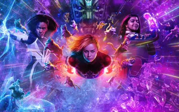 The Marvels 4K Ultra HD PC wallpaper and background: three heroines bursting from a cosmic purple explosion, surrounded by smaller figures and glowing energy in a vivid space scene.