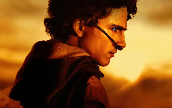 Side-profile of a cloaked desert character with a breathing tube against a golden sky, Dune: Part Two 4K Ultra HD PC desktop wallpaper.