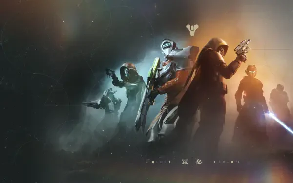 Destiny 2 4K Ultra HD PC desktop wallpaper and background: four armored Guardians wielding weapons, posed against a misty, dramatic, light-filled battlefield backdrop.