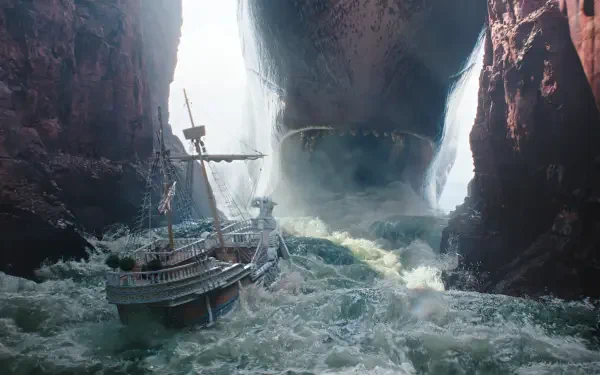 HD PC desktop wallpaper and background from the TV show One Piece (Live Action): a small ship fights raging seas between cliffs as a colossal vessel surfaces through a massive whirlpool.