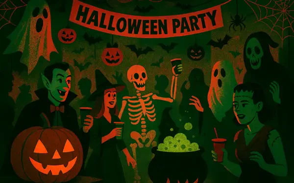 Halloween Party scene: costumed guests (vampire, witch, skeleton) toast by a bubbling cauldron and jack-o'-lantern amid ghosts and bats — 4K Ultra HD PC desktop wallpaper/background.