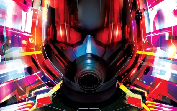 4K Ultra HD PC desktop wallpaper: close-up Ant-Man helmet from Ant-Man and The Wasp: Quantumania, vivid neon red and blue with dynamic sci-fi abstract lighting.
