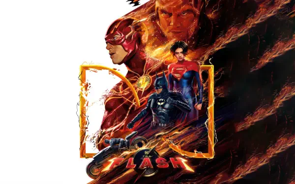 The Flash (2023) 4K Ultra HD PC wallpaper: Flash in red with blazing speed trails framing smaller Superman and Batman figures against a dark, fiery backdrop.