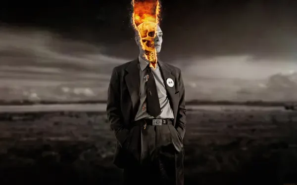 4K Ultra HD PC desktop wallpaper: suited figure with a flaming skull head and atomic-era pin, standing in a desolate landscape — image tagged Oppenheimer.