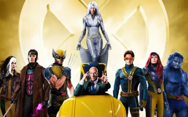 4K Ultra HD PC desktop wallpaper of X-Men: Professor X seated, Storm above, Wolverine, Cyclops, Jean Grey, Beast and others posed before a glowing gold X emblem.