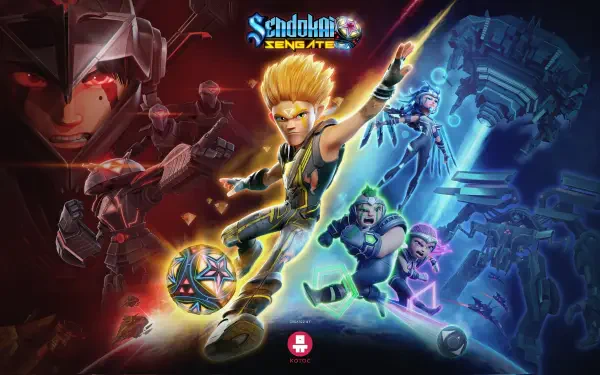 Sendokai Champions 4K Ultra HD PC desktop wallpaper: dynamic split-scene with blond hero kicking a glowing orb, teammates and robotic foes amid red and blue energy.