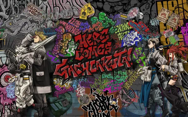 Gachiakuta 4K Ultra HD PC desktop wallpaper: vibrant graffiti mural with bold red tag, colorful spray‑paint motifs and stylized anime characters on a brick wall.