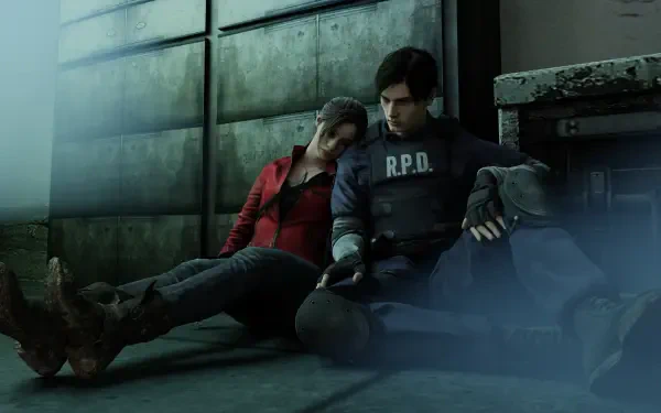 Resident Evil 2 (2019) 8K Ultra HD PC desktop wallpaper and background: Leon S. Kennedy in an R.P.D. uniform and Claire Redfield lean exhausted against a grim, tiled corridor wall.