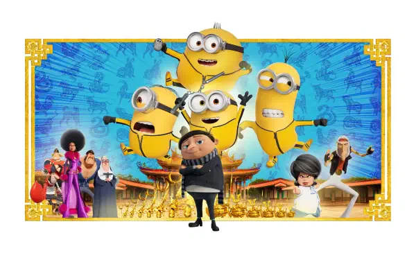 Minions: The Rise of Gru 4K Ultra HD PC wallpaper — Gru front center with five Minions jumping and posing before an ornate blue-and-gold backdrop with other characters.
