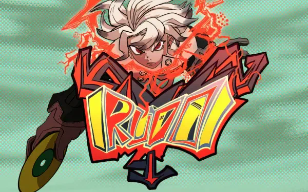 Gachiakuta 4K Ultra HD PC desktop wallpaper and background: anime-style white-haired fighter radiating red energy above a bold graffiti logo on a teal halftone backdrop.