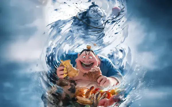 Nezha 2 — 4K Ultra HD PC Desktop Wallpaper and Background: cheerful Nezha at center, framed by a swirling water-and-wind vortex with radiant magical energy and dynamic motion.