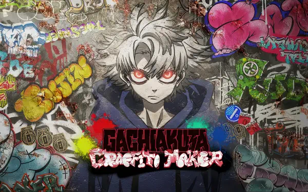 Gachiakuta 4K Ultra HD PC desktop wallpaper and background: hooded anime figure with glowing red eyes stands before a layered, colorful graffiti wall and bold logo.