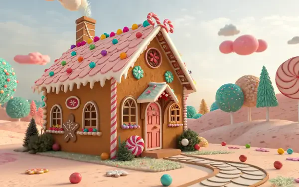 Whimsical gingerbread house with candy roof, gumdrop path and lollipop trees under pastel skies — 4K Ultra HD PC desktop wallpaper and background.