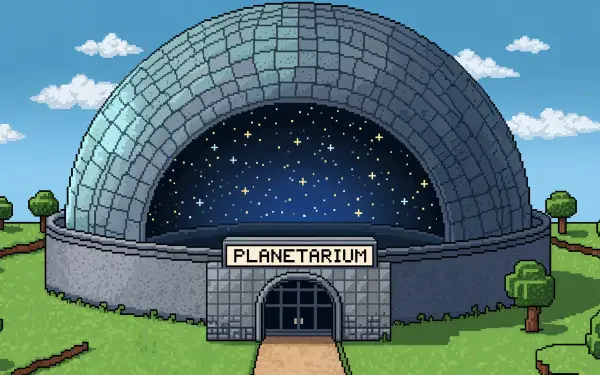 Pixel-art planetarium dome under a starry sky, set in a grassy park with trees — 4K Ultra HD PC Desktop Wallpaper and Background.