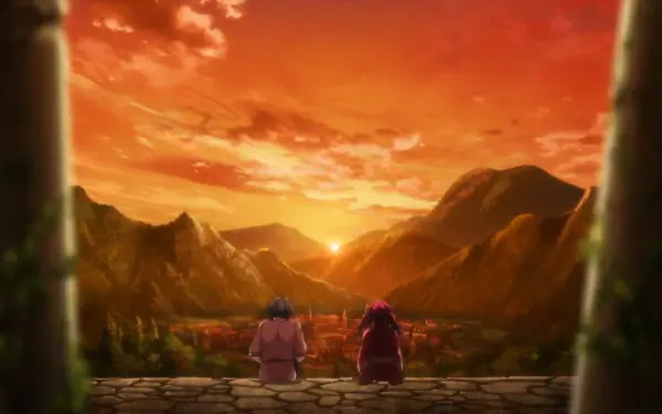 HD PC desktop wallpaper — Tsuyokute New Saga: two characters sit on a stone terrace watching a golden sunset over mountain valleys.
