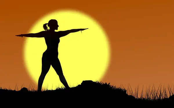 HD PC desktop wallpaper: silhouette of a woman in a yoga warrior pose at sunset, large yellow sun and grassy horizon, sports-themed background.