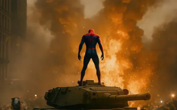 Spider-Man: Brand New Day — 4K Ultra HD PC desktop wallpaper/background of Spider-Man standing atop a tank as fire and smoke engulf a city street.