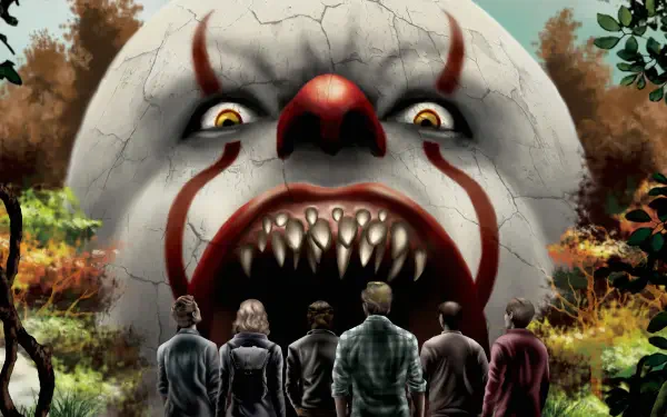 It Chapter Two 4K Ultra HD PC desktop wallpaper/background: five people stand before a cracked, gaping Pennywise with rows of teeth and glowing eyes in a dark, autumnal forest.