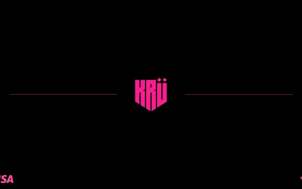 HD PC desktop wallpaper: minimalist black background with centered pink KRU Esports logo and thin horizontal accents — video game esports branding.