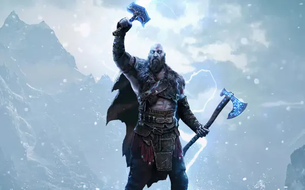 HD PC wallpaper: Kratos from God of War: Ragnarök raises Mjölnir amid lightning and snow, wielding an axe against a stormy mountain backdrop.