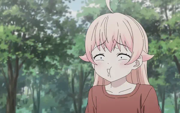 HD PC desktop wallpaper: Anime character Nico Wakatsuki from WITCH WATCH — pink-haired girl puffing her cheeks amid a sunlit forest background.