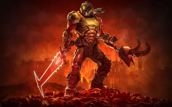 DOOM Eternal 4K Ultra HD PC desktop wallpaper: Doom Slayer in armor stands on a pile of corpses in a fiery hellscape, wielding a glowing blade and a severed demon head.