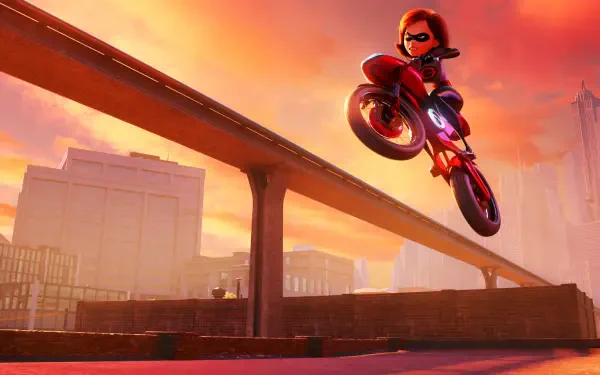 Elastigirl from The Incredibles 2 soars on a red motorcycle over a sunlit city bridge at sunset — HD PC desktop wallpaper/background.