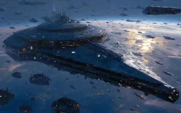 Sci-fi capital ship and escort fleet over a planet, sunlit reflections on the armored hull; 4K Ultra HD PC desktop wallpaper background.